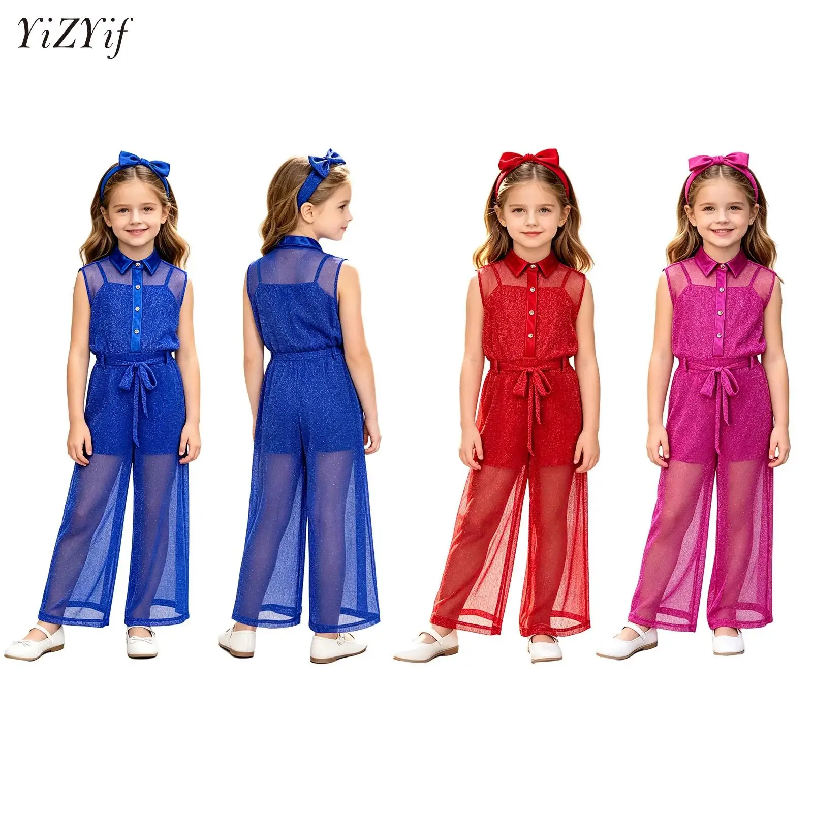 Kids Girls Modern Ballet Dance Unitards Jumpsuit Lyrical Dancewear Mesh Sleeve Performance Outfit Bodysuit with Jumpsuit Belt