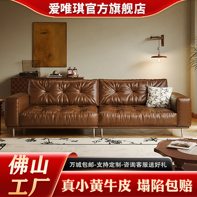 

custom. [ 11k People Repurchased This] Aiweiqi French Retro Genuine Leather Top Layer Cowhide Sofa Small and Large Liv