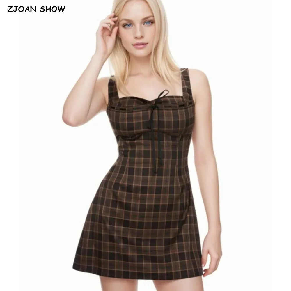 2025 Retro Coffee Plaid Print Ribbon Bow Square Collar Mini Tank Dress Women A Line Short Sleeveless Dresses Femme Robe