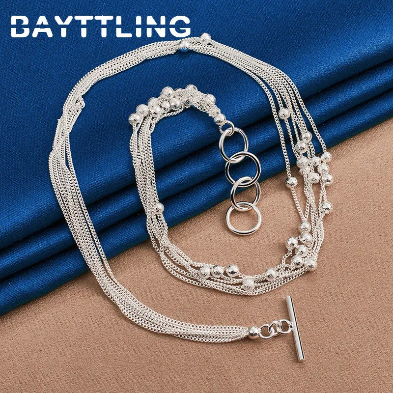 

New 925 Sterling Silver 18 Inches Tassel Bead Chain Necklace For Women Fashion Luxury Wedding Party Jewelry Accessories