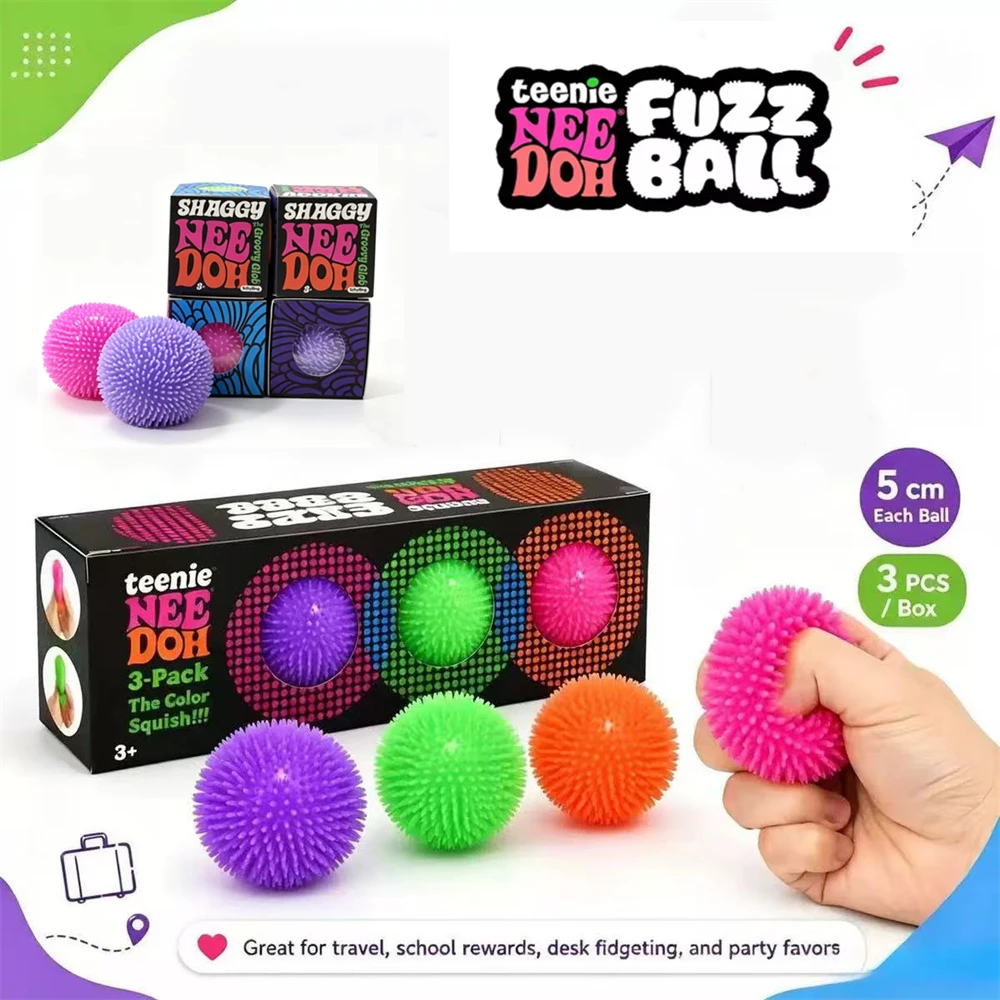 Needoh Fuzz Ball Stress Teenie 3 Pack Mini Relief Sensory Squishy Fidget Toy Stretchable The Groovy Glob Ball Fluffy Balls Toy