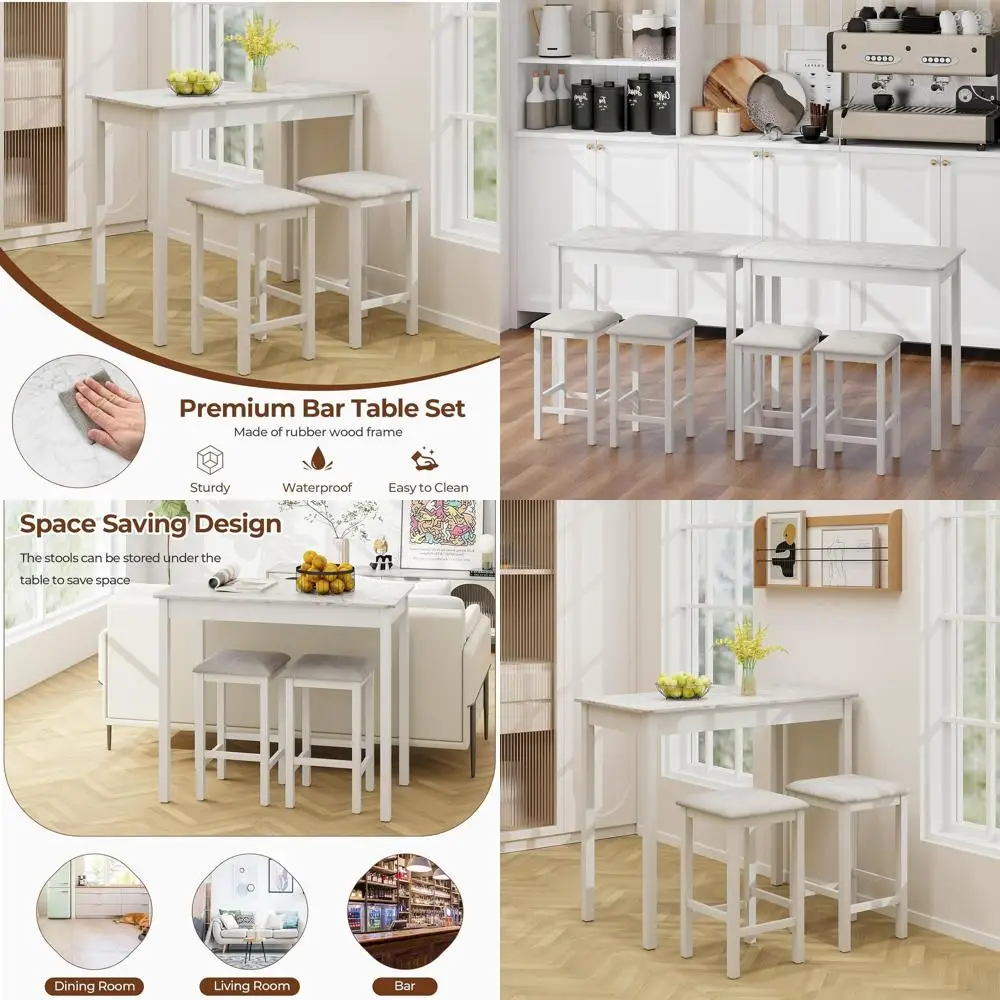 

3-Piece Counter-Height Dining Set: Bar Table with 2 Upholstered Stools, Rubberwood Legs, White & Grey