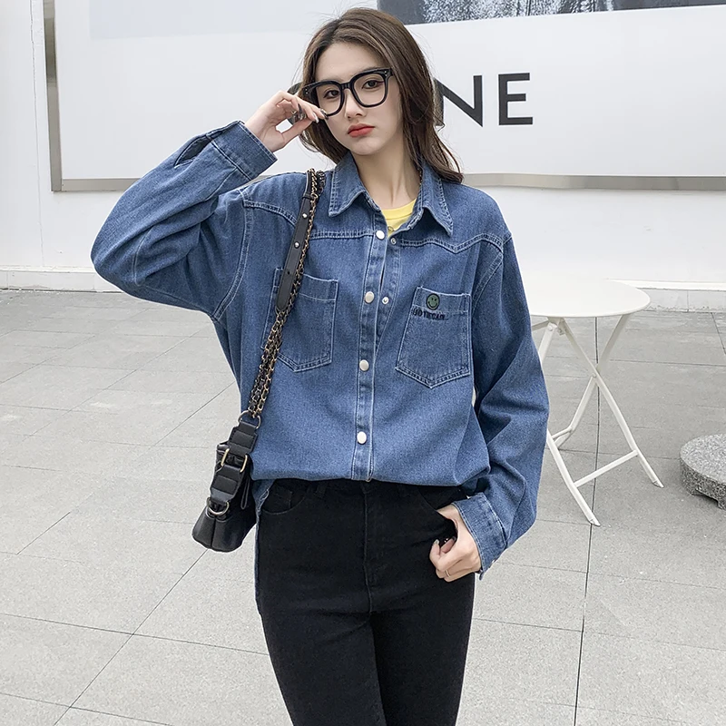 

New Autumn Korean Fashion Vintage Loose Women Single Breasted All-match Denim Long Sleeve Tops Z114