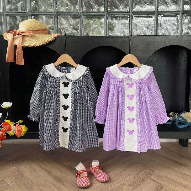 

South Korea Children's Clothing Cartoon Embroidered Plaid Girl Dress2024Autumn Doll Collar Bow Long Sleeve Children's Skirt