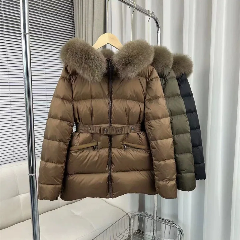 

Winter Women Puffer Jacket Luxury Real Fox Fur Hooded 90% White Duck Down Coat Female Warm Slim Parkas 2025 Lady Overwear