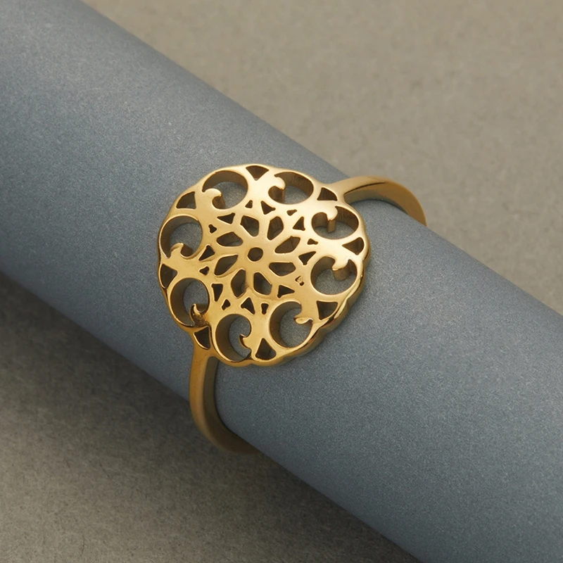 Kinitial-Anillo de flor de la vida hecho a mano para mujer, joyería espiritual de Mandala, semilla de la vida de acero inoxidable, anillo de Geometría Sagrada