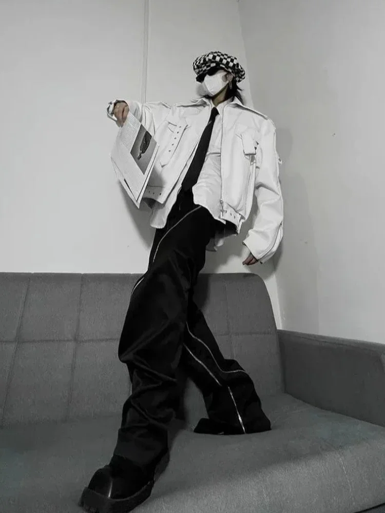 

Classic American Retro Motorcycle Jacket Men's White Leather Short Coat Streetwear Brand High End Spring Fall​