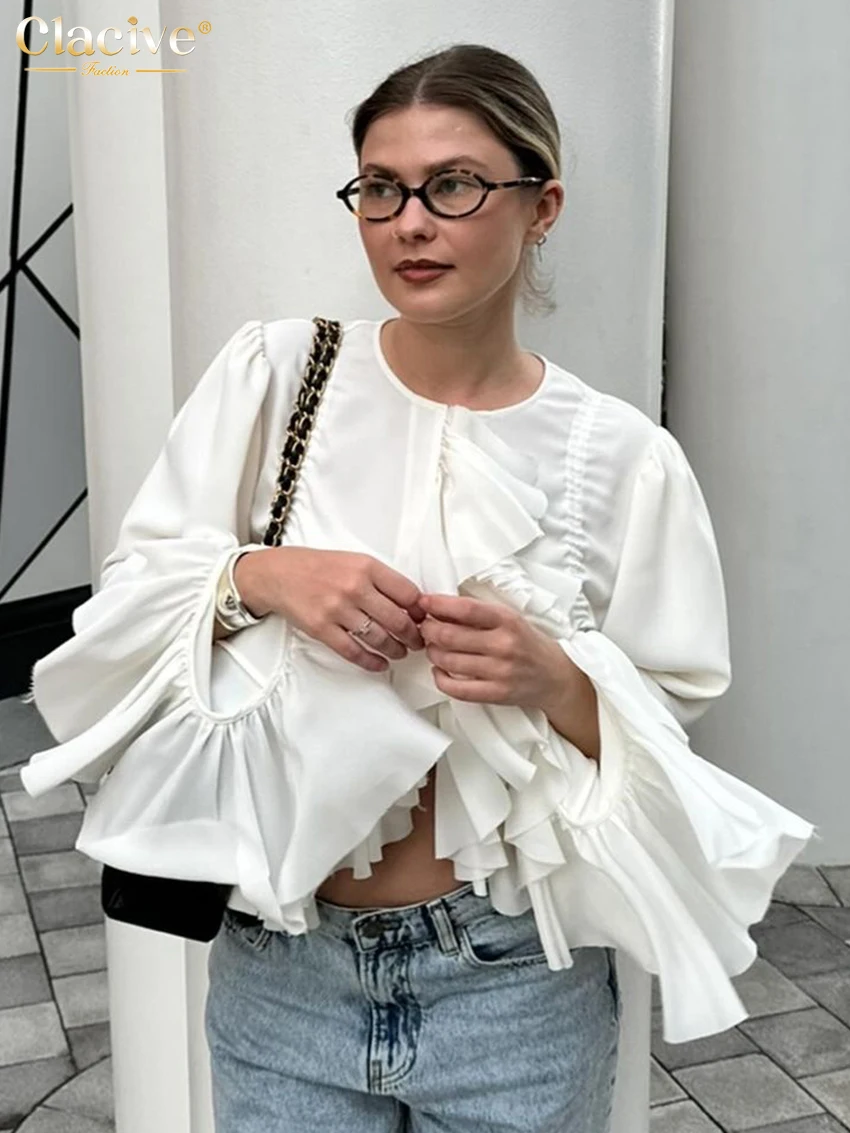 

Clacive Fashion Loose White Women's Shirt 2026 Spring O-Neck Long Sleeve Lady Shirts Elegant Classic Ruffles Top Female Clothing