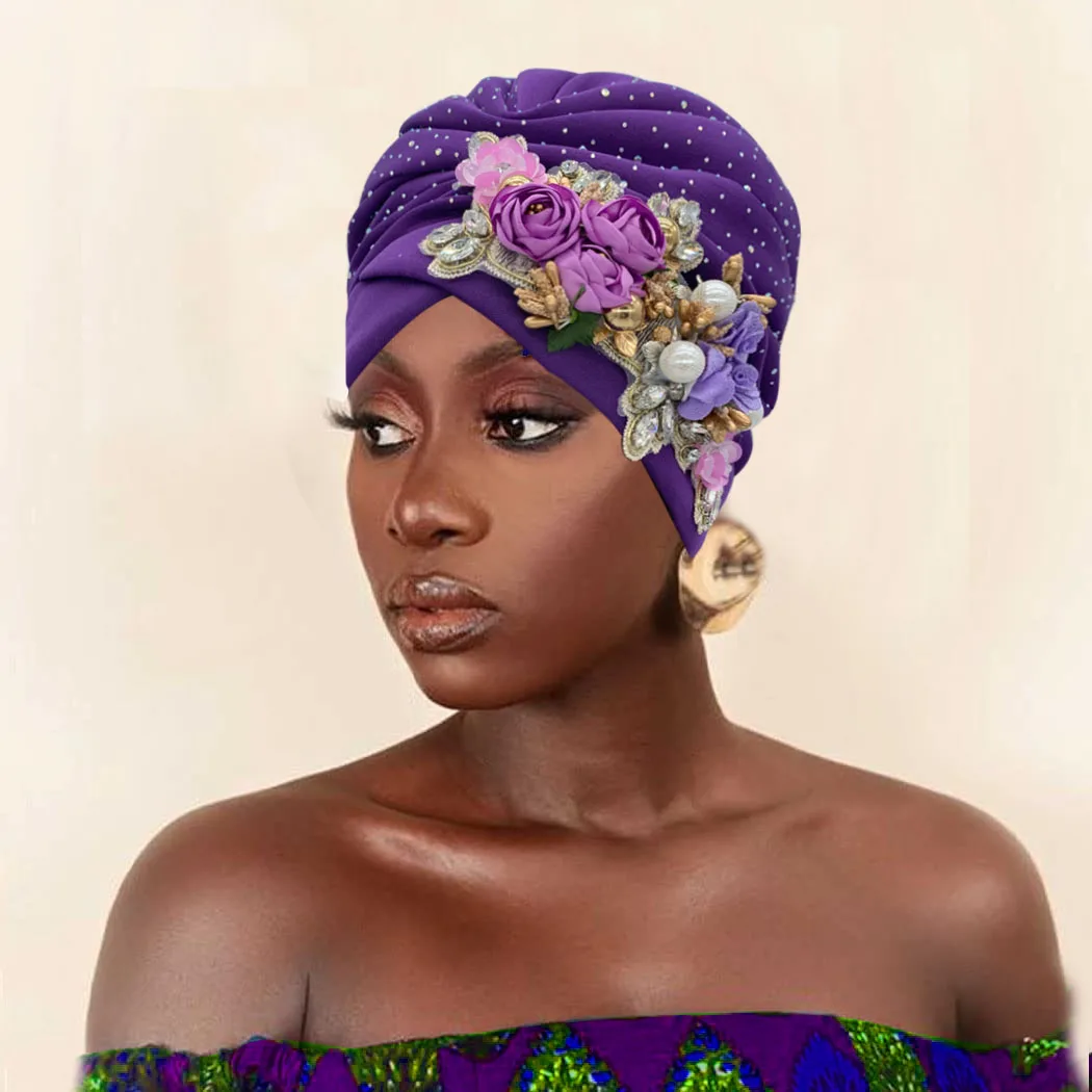 Elegant African Turban Cap with Shiny Rhinestone Ready to Wear Nigeria Auto Gele Headtie Party Women\'s Head Wrap Bonnet Turbante