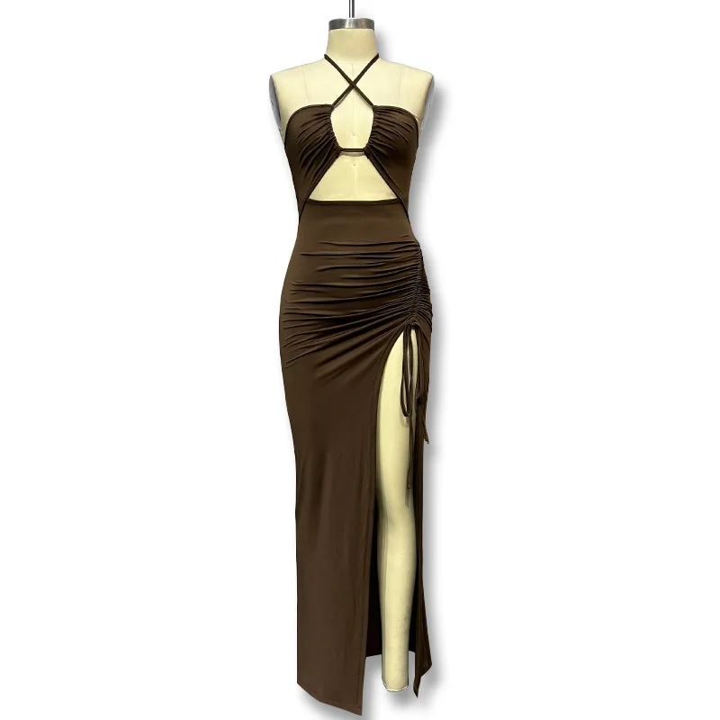 Spring 2024 Sexy Backless Slit Rope Slimming Women's Dress Neck Hanging Long Skirt High Waist Seven Nine Pants Polyester