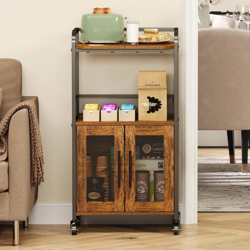 Coffee Cart, 3 Tier Coffee Cabinet with Storage, Small Coffee Station with 2 Doors, Movable Bar Cart with 4 Casters for Home Kit
