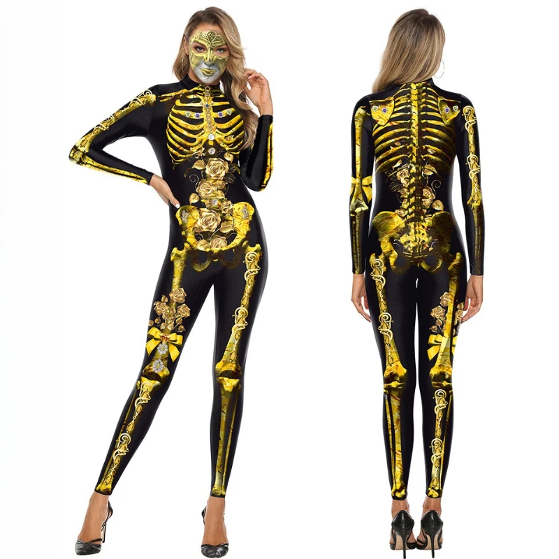 

NEW2025 3D Printed Rose Skeleton Bodysuit Golden Stage Costume for Men Women Stretchy Halloween Performance Outfit Bodysuit
