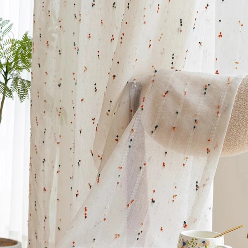 Vintage vertikale Streifen farbige Pompom Tüll Vorhänge für Wohnzimmer Schlafzimmer Kunstleinen strukturierte Lichtfilter Fenstervorhang