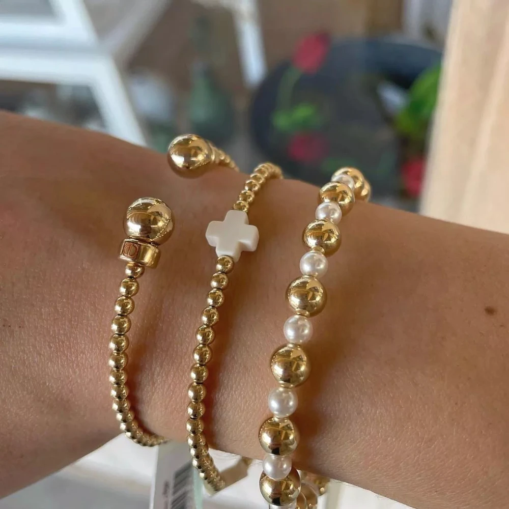 

YEEVAA Classic 2mm Bead Cuff&Signature White Cross Stack of 3 Bracelets, Fashion Jewelry Gift for Women Daily Layering