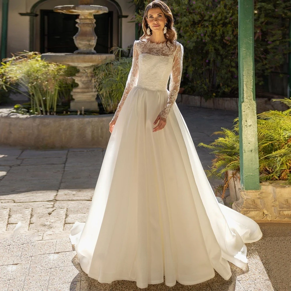 Retro-Brautkleid aus Organza mit Rundhalsausschnitt, Spitze, langen Ärmeln und Kathedralenschleppe, Knopfleiste am Rücken, maßgeschneidertes Brautkleid, Vestido De Novia