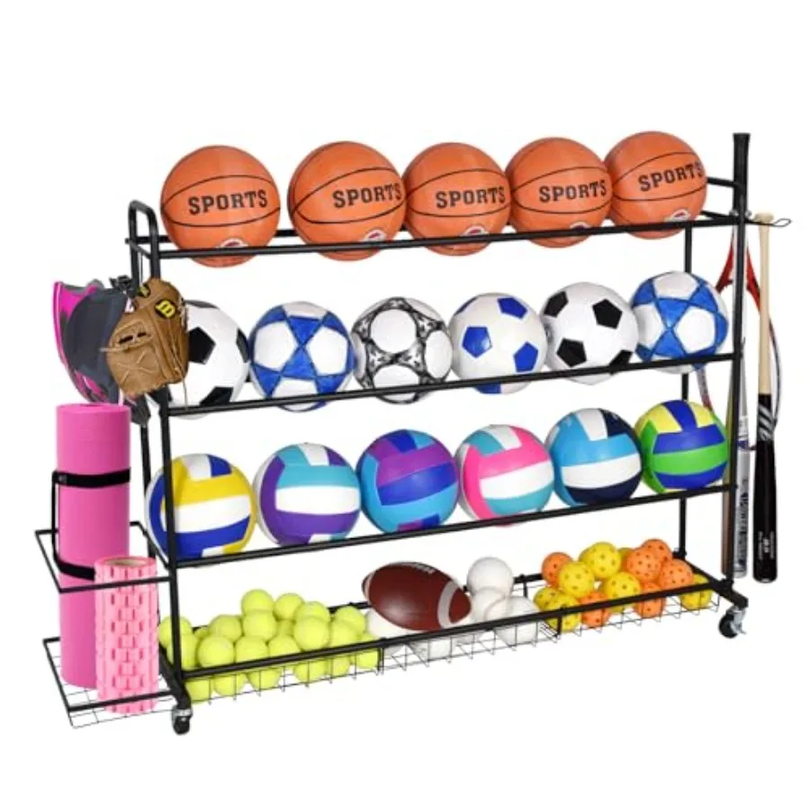 

Basketball Rack Shooting Training Rolling Ball Stand Garage Organizer with Wheels 4-Layer Sports Equipment Storage Holder with