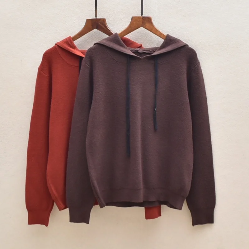 

Autumn Winter Thiened Color Hooded Long Sve Women's Knitted Sweater Versatile Warm Commute Sle Loose Fit Knitwear