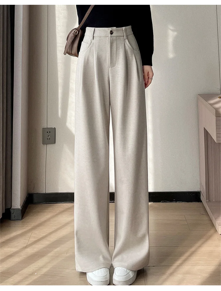 2023 Autumn and Winter New Wool Blended Wide-Leg Pants Straight Mopping Pants High Waist Slim Lengthened Casual Pants for Women