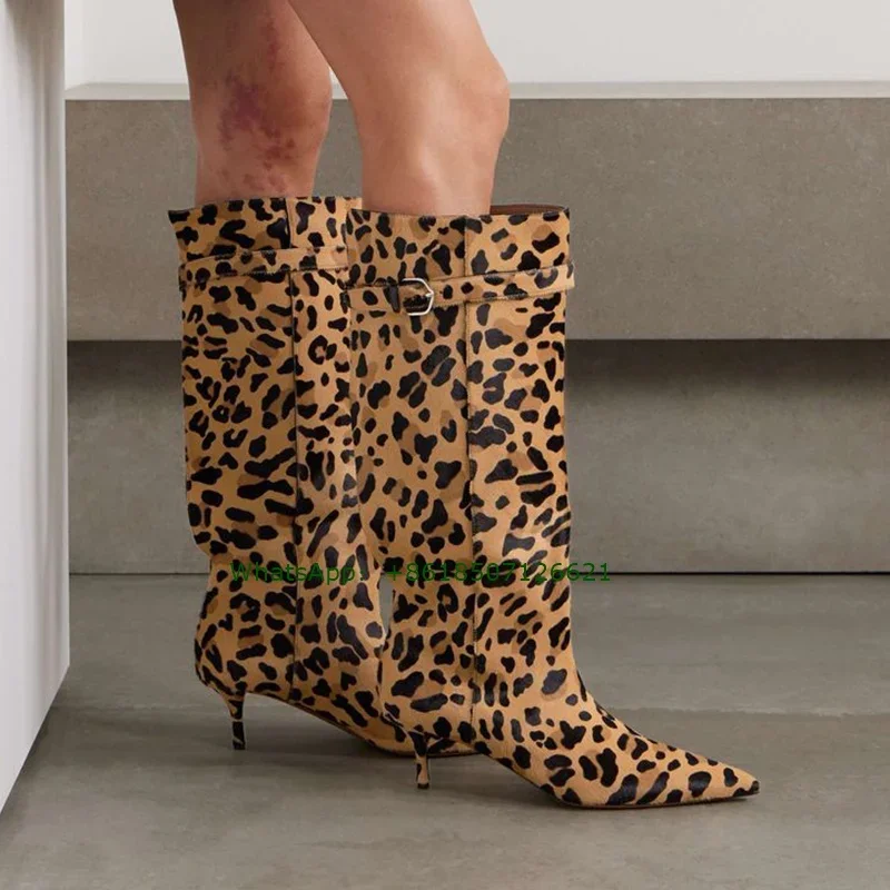 

Сапоги до колена с леопардовым принтом, женские сапоги без шнуровки на низком каблуке с пряжкой и украшением, пикантная простая женская обувь