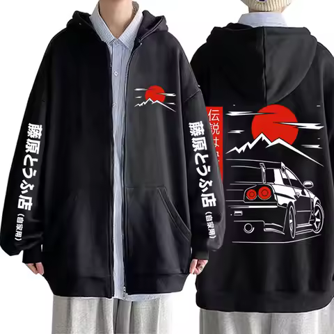 Anime Initial D Drift AE86 Print Zipper Hoodie Takumi Fujiwara Zip Up Jacket Men Women Cartoon Manga Oversized Zip Up Sweatshirt