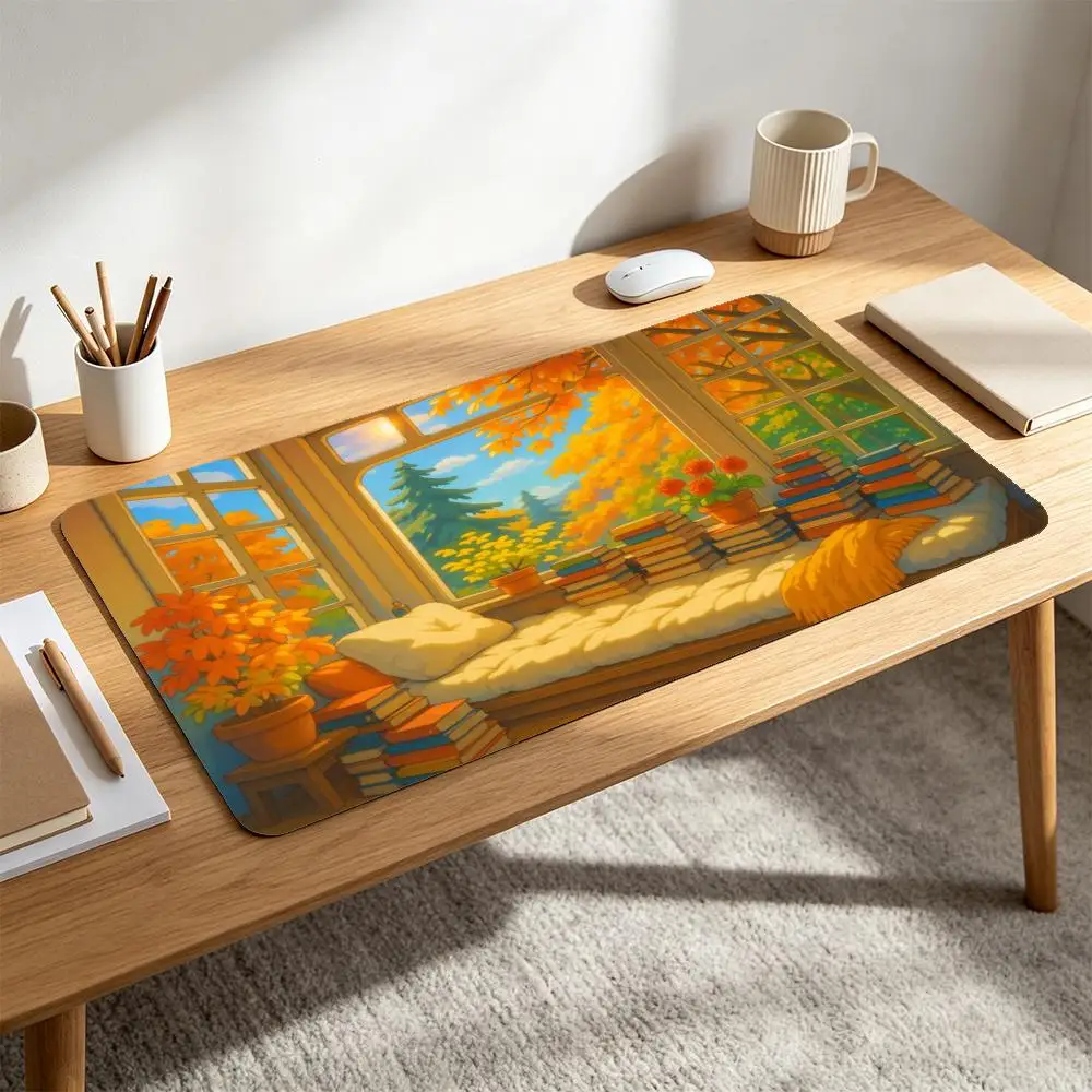 Anime Reading Nook Desk Pad Anti‑Slip Rubber Mousepad Warm Autumn Window Stacked Books Maple Leaf Cozy Indoor Scene