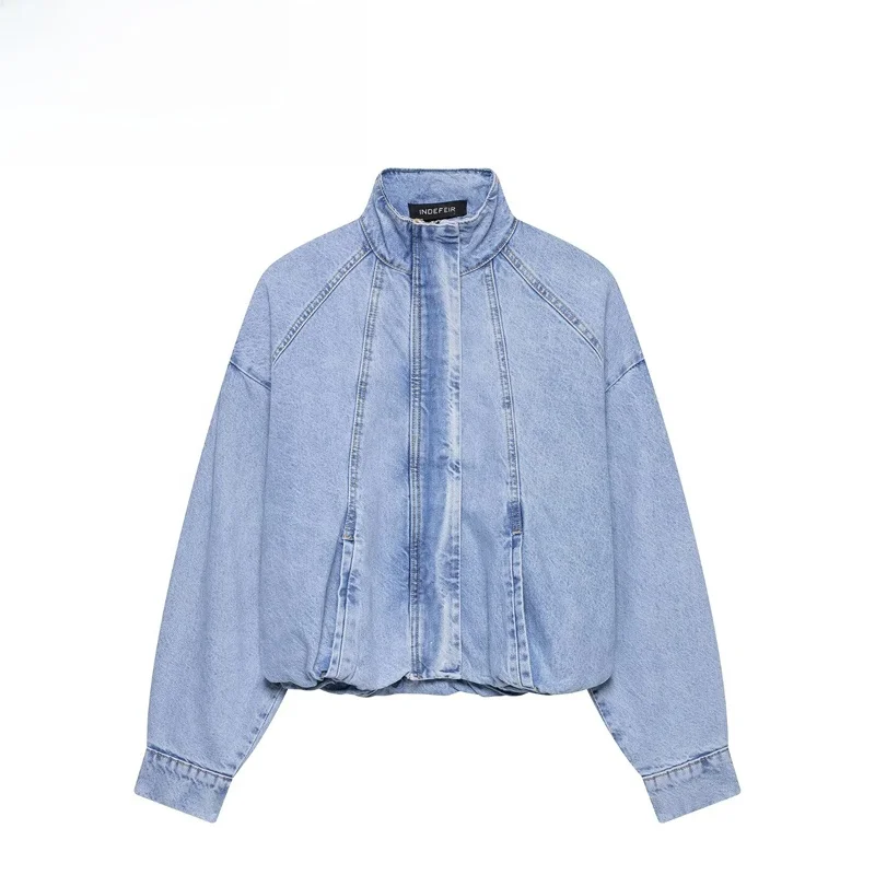 Fashionable Stand Collar Denim Pilot Jacket Women's Short Outerwear Polyester Fiber Long Sleeve Zipper Closure Summer New Arr...