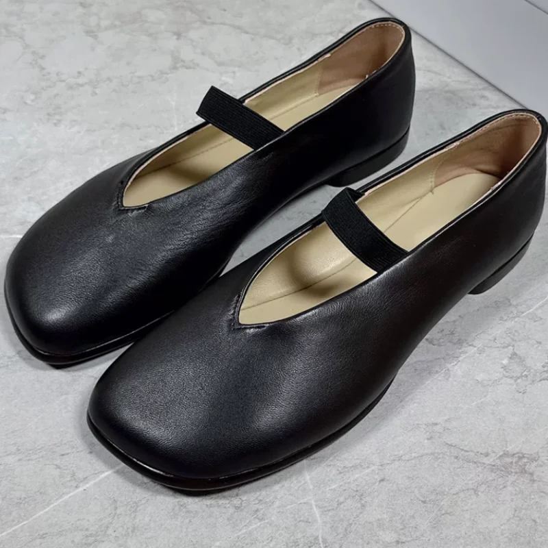 Sewing Lines Shoes for Ladies Square Toes Flat Heels Female Ballets Pleated Zapatos Mujer Shallow Womens Front Strap Chassure