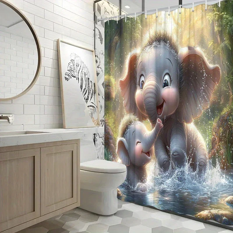 ~O~1pc Baby Elephants Shower Curtain - Adorable Splash Design, 70.8x70.8