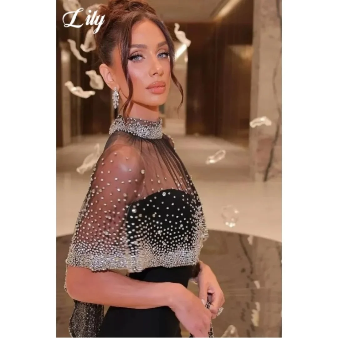 Vestido de Festa em Cetim Preto Lily, Vestido de Noite com Ombros Descidos, Adornado com Cristais, Vestido Personalizado para Mulheres