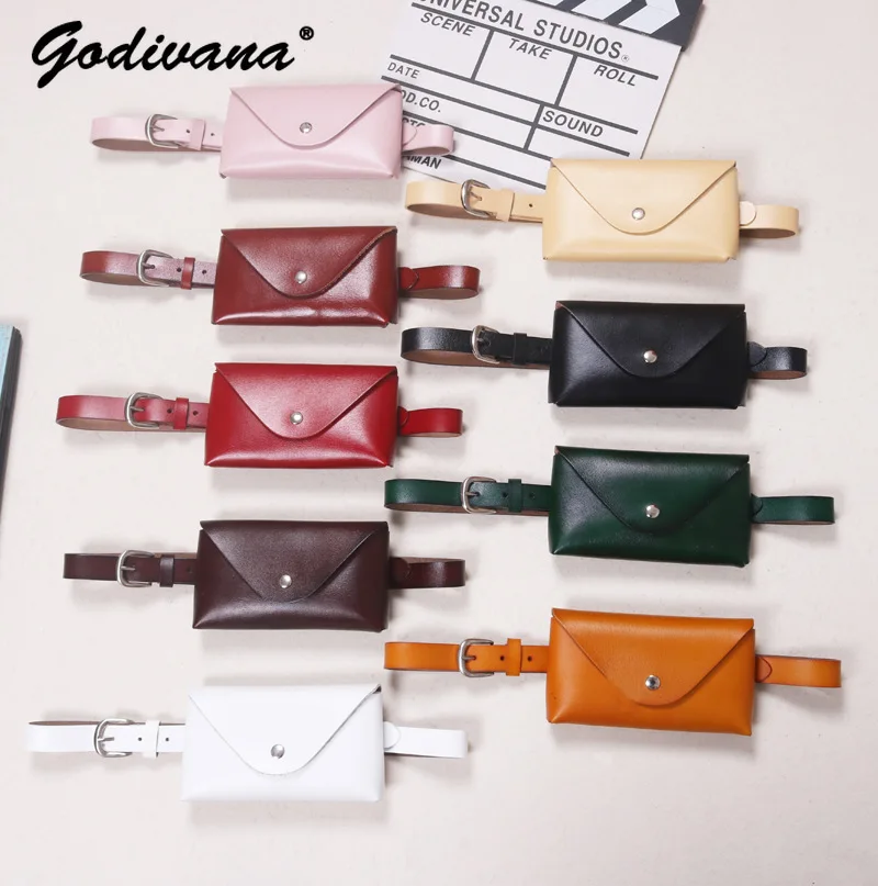 

Fashion Trendy Genuine Leather Cowhide Small Square Bag Button Mobile Phone Coin Purse Belt Bag Simple waist belt for women