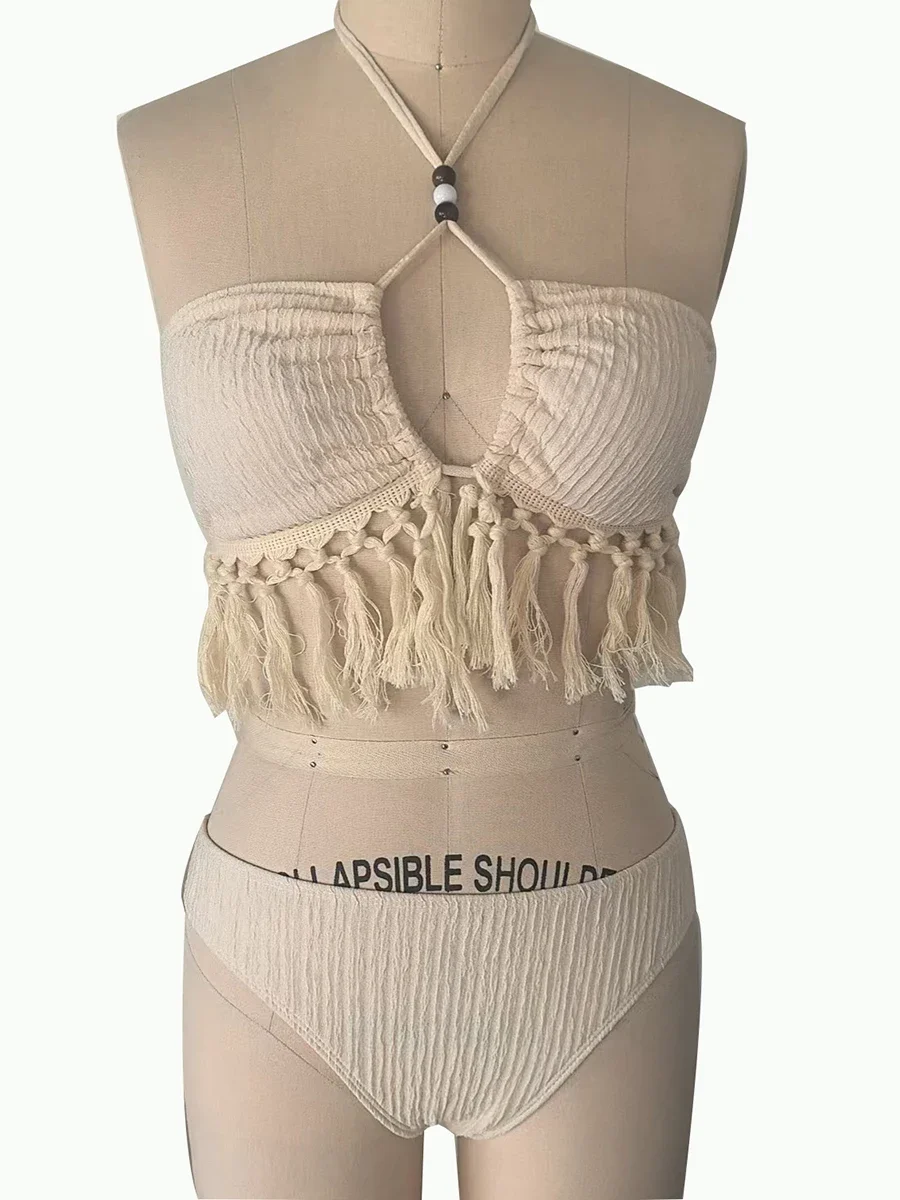 Costume da bagno donna bikini sexy con nappe 2025 Costumi da bagno 2 pezzi Abiti femminili Halter Top Gonna a fessura alta Set Costumi da bagno Costumi da bagno