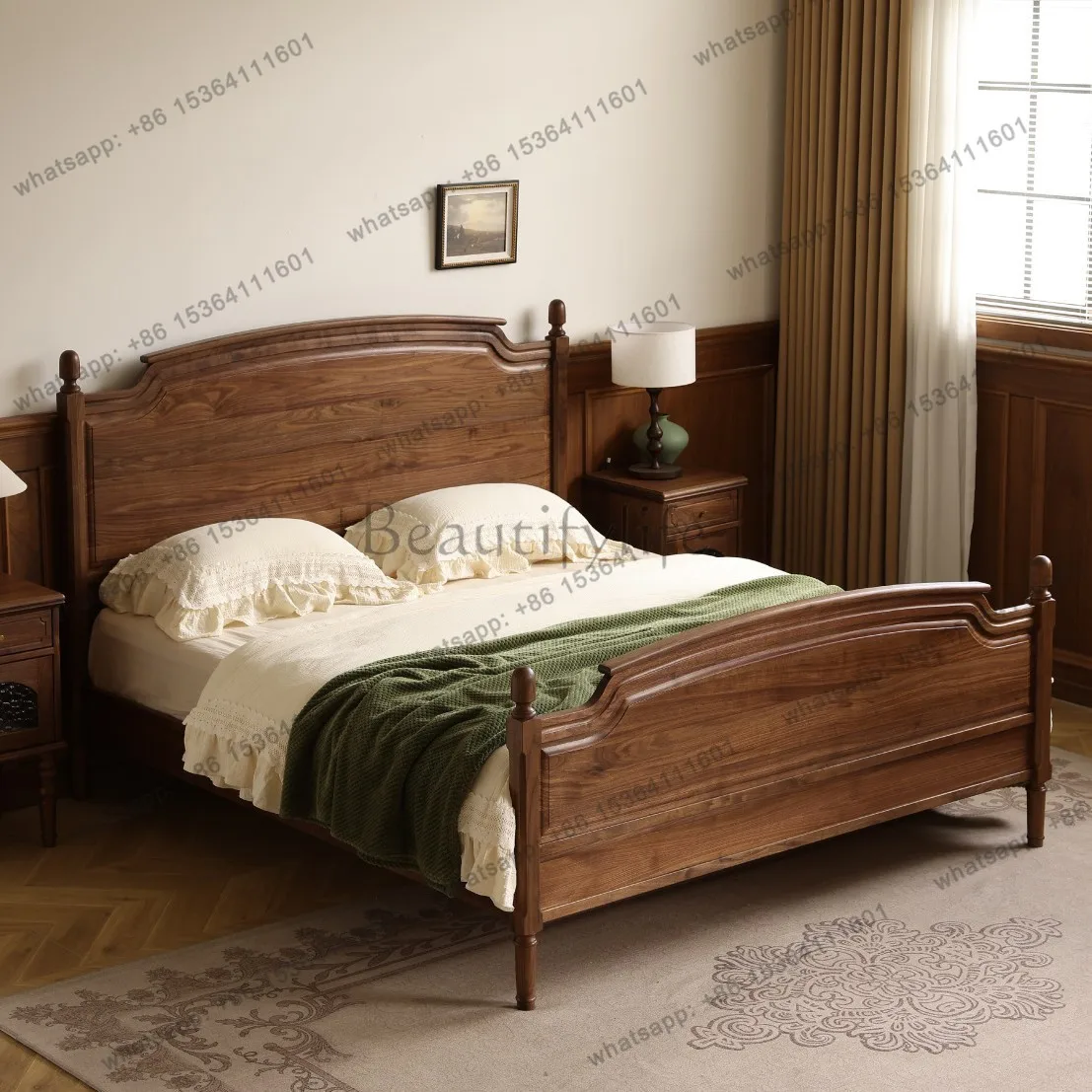 Factory Direct Sales American Black Walnut French Retro Household Small Unit 1m 5 Single Bed