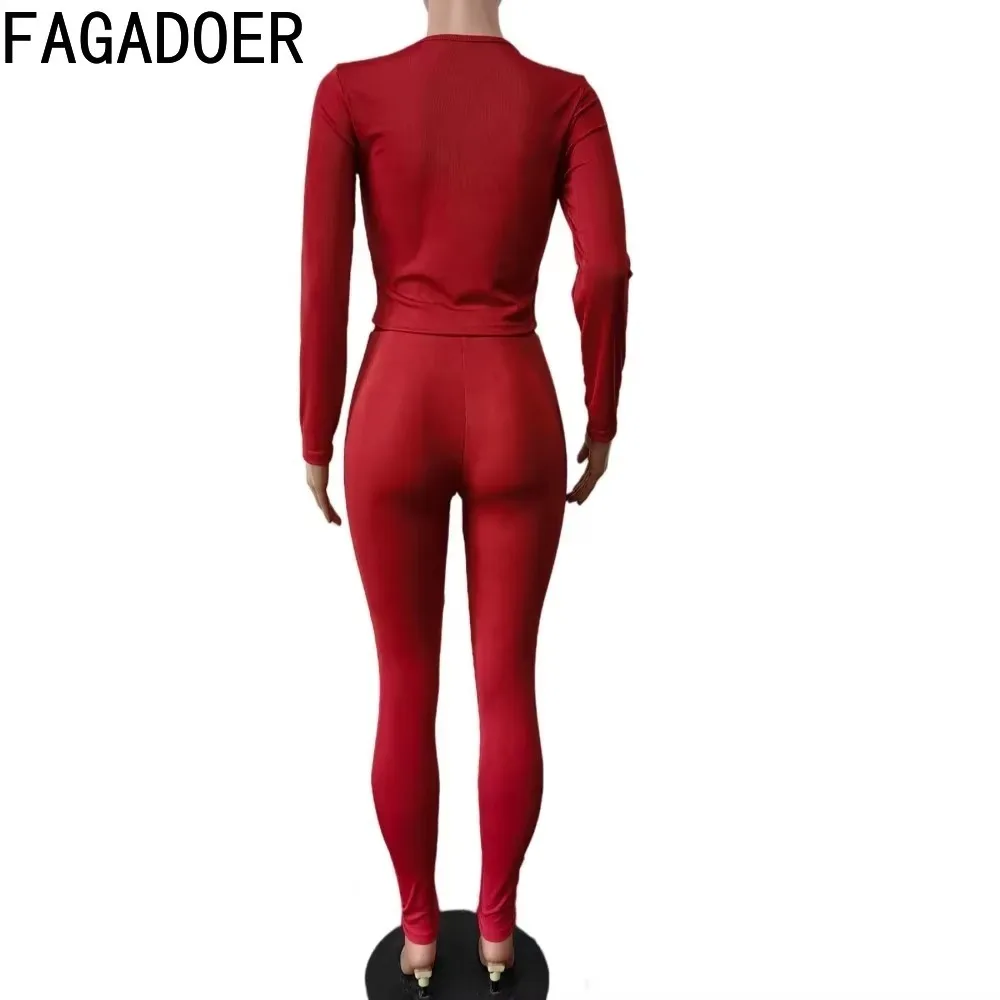 FAGADOER Autumn Winter New Ribbing 2 Piece Sets Women Outfit Solid Long Sleeve Crop Top + High Waist Leggings Suits Sportswear