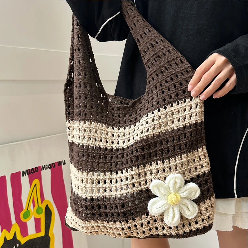 

Women's Aesthetic Contrast Color Knitted Shoulder Bag Hollow out Stripe Tote Handbag Woven Female Knitting Fashion Accessory