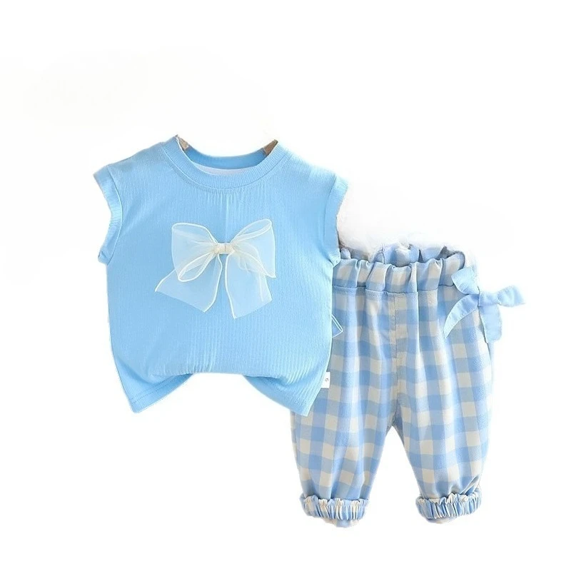 

New Summer Baby Girls Clothes Suit Children Vest Shorts 2Pcs/Sets Infant Clothing Toddler Casual Plaid Costume Kids Tracksuits