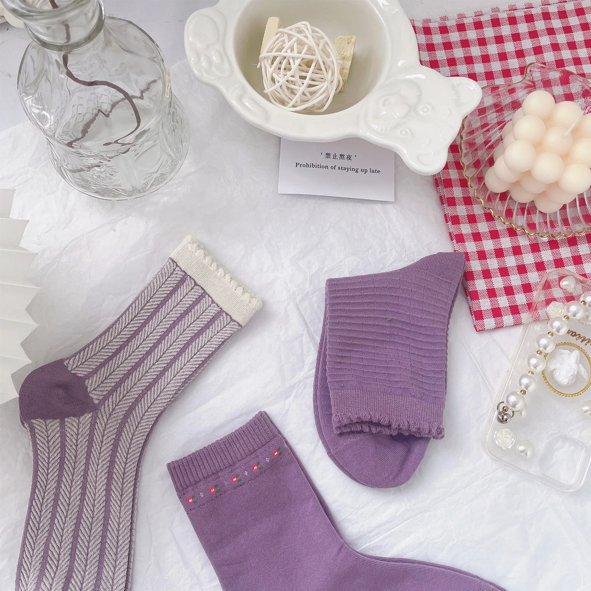 جديد وصول الربيع والخريف أرجواني أرجواني صغير الأزهار النمط الأدبي المرأة الجوارب القطنية