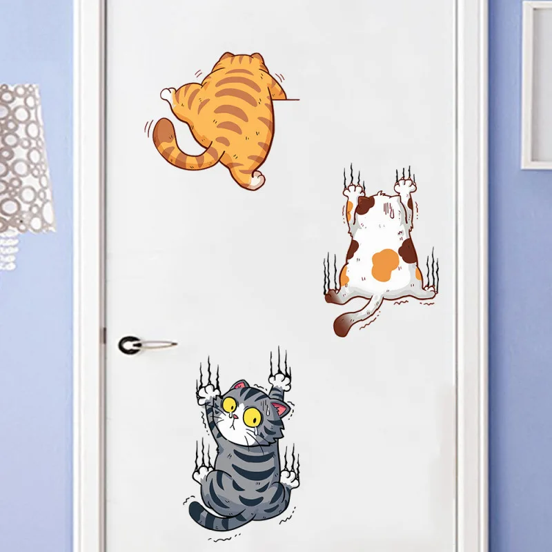 Four Cartoon Cute Cats Climbing A Wall Decorative Stickers for Playroom Kindergarten Door Background Wall Decals Self-adhesive