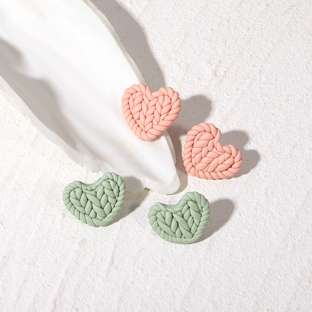 AENSOA Romantic Sweater Knit Love Heart Polymer Clay Stud Earrings for Women Handmade Braided Statement Earrings Party Jewelry