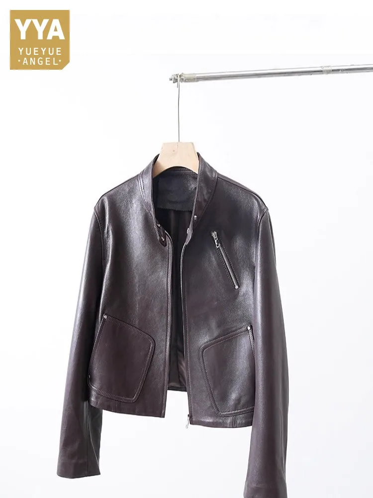 Fashion Women Autumn Genuine Leather Short Jacket Straight Real Sheepskin Zip Stand Collar Pocket Long Sleeve Outerwear Hot Sale