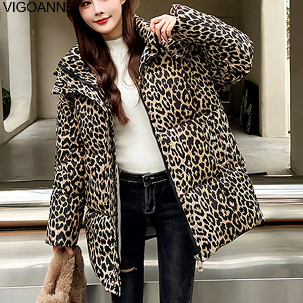 VigoAnne 2025 Winter Long Sleeve Hooded Coat Women Korean Leopard Pocket Casual Loose Pockets Jacket Lady Thick Warm Outwear