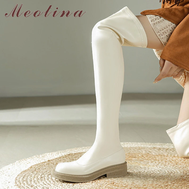 Meotina Women Genuine Leather Over-the-Knee Boot Round Toe Platform Zipper Flat Long Boots Ladies Fashion Shoes Autumn Winter 40