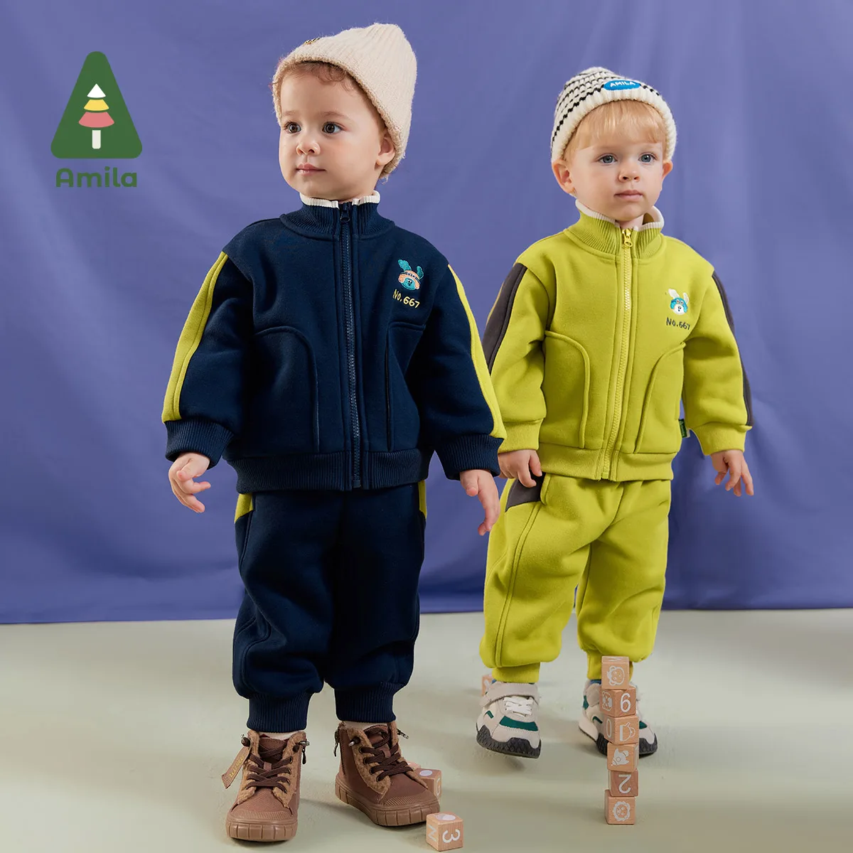 Amila Baby Boy Clothing Set 2024 Winter New Multicolour Fleecing Embroidery Fashion Warm   Baby Clothing