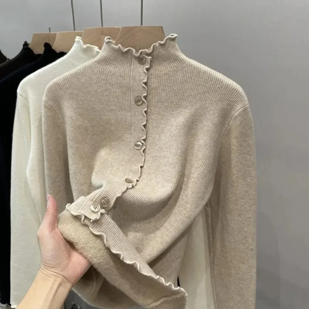 French Style Turtleneck Undershirt Warm Crop Top Korea Chic Fungus Long Sleeve Solid Jumper All-match Slim Casual Sweater