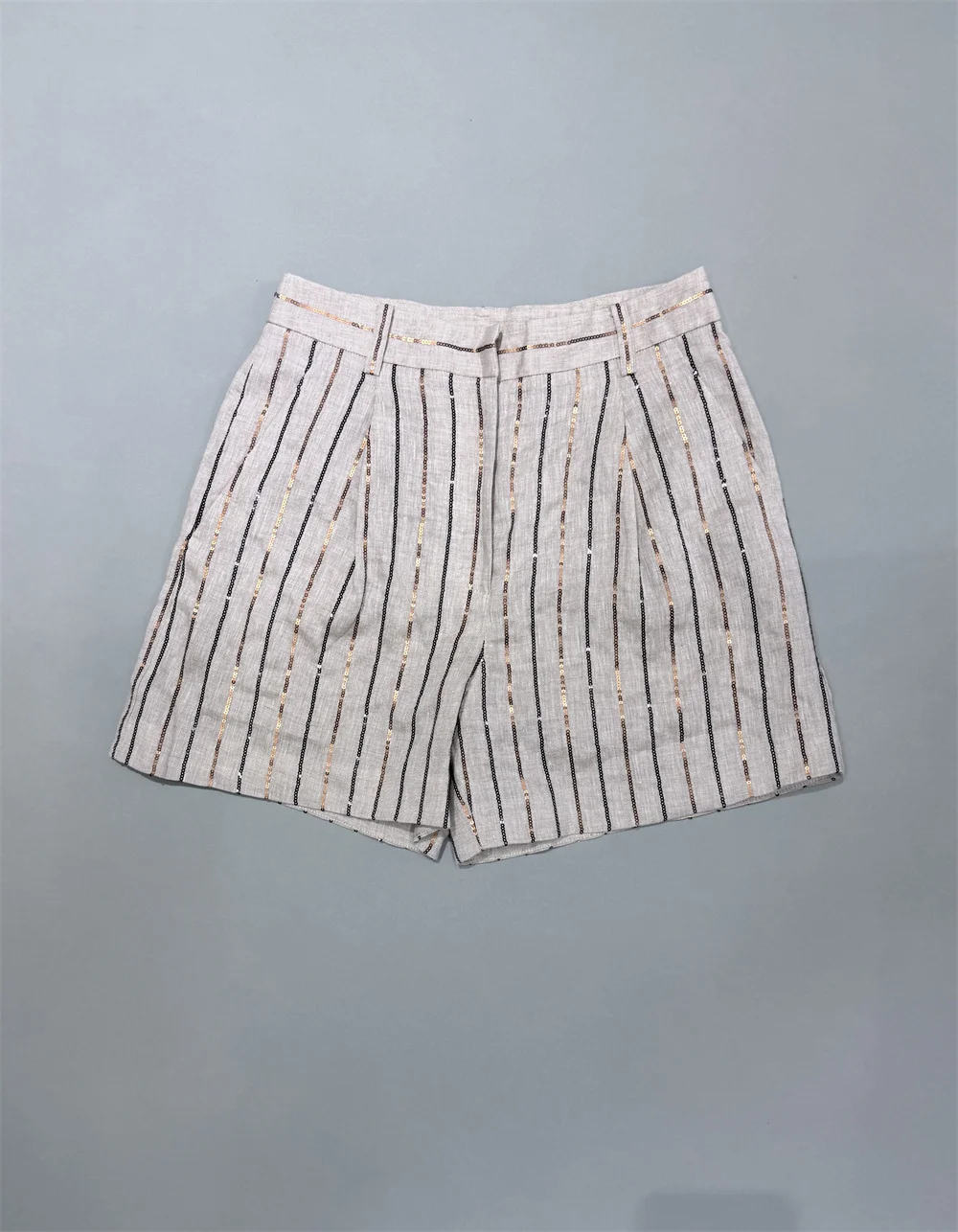 Women's Matching Sets Heavy-Duty Striped Sequined 100 Linen Vest Sleeveless Shirt With Shorts 2 Piece Set view 5