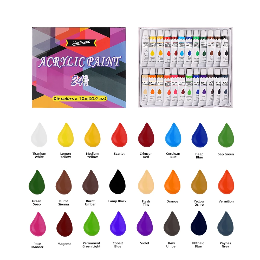 24 Colors Acrylic Paint Set with Paper & Palette Complete Artist Gift Kit