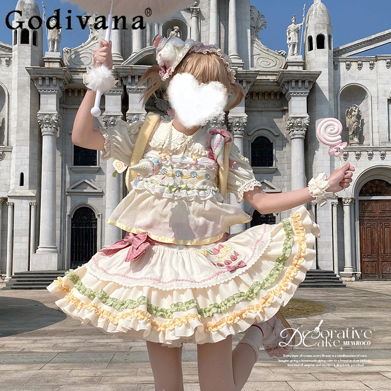 

Original Lolita Split Sling Dress 2025 Summer Sweet Girls Japan Style Kawaii Top Mini Skirt 2-piece Set Daughter's Y2k Clothes