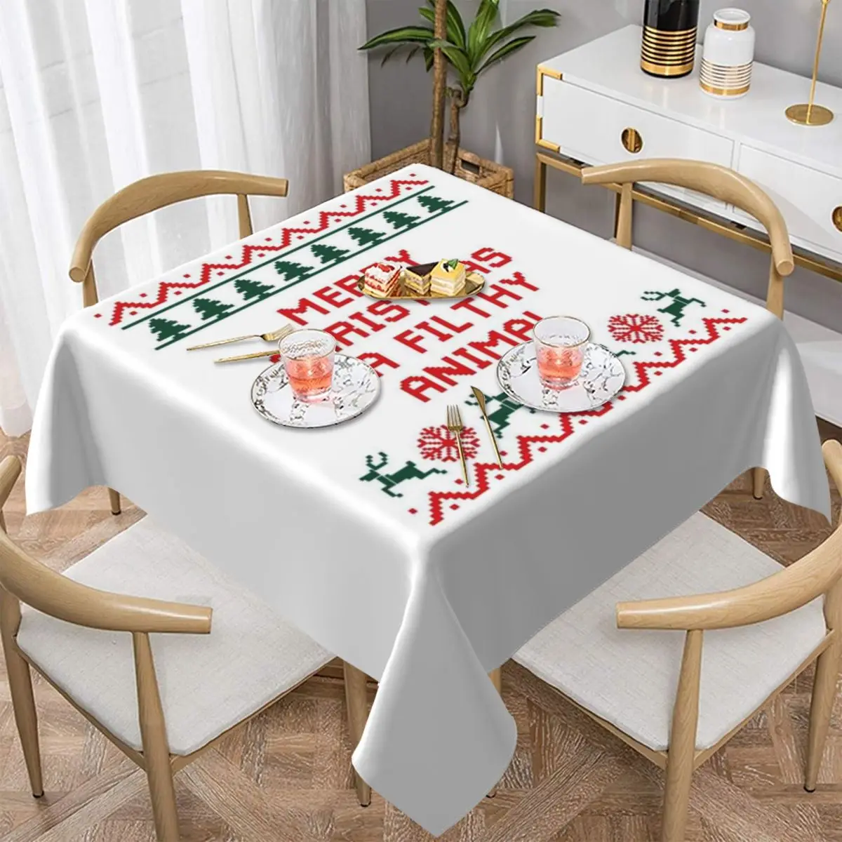 Feliz Navidad Ya Animal sucio mantel cuadrado impermeable mantel a prueba de aceite para eventos de cocina cubierta de mesa de comedor