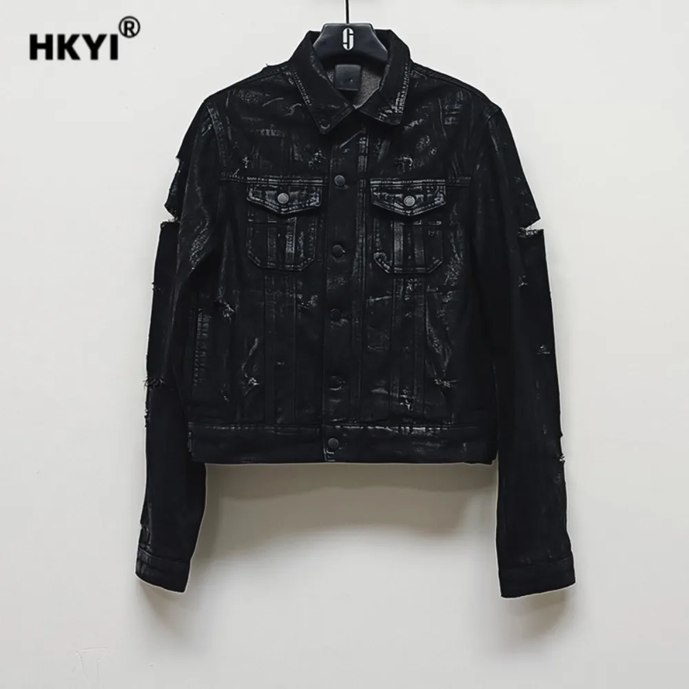 

HKYI черная матовая восковая куртка с лацканами, рваная вручную, сильно поврежденная джинсовая мужская куртка