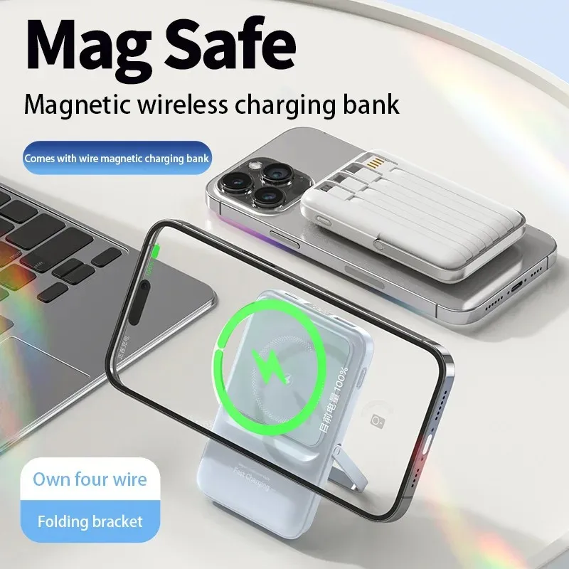 Banco de potência magnético sem fio 2 em 1, 4 fios embutidos, portátil, 50000mAh, bateria externa com suporte, banco de potência para iPhone Samsung