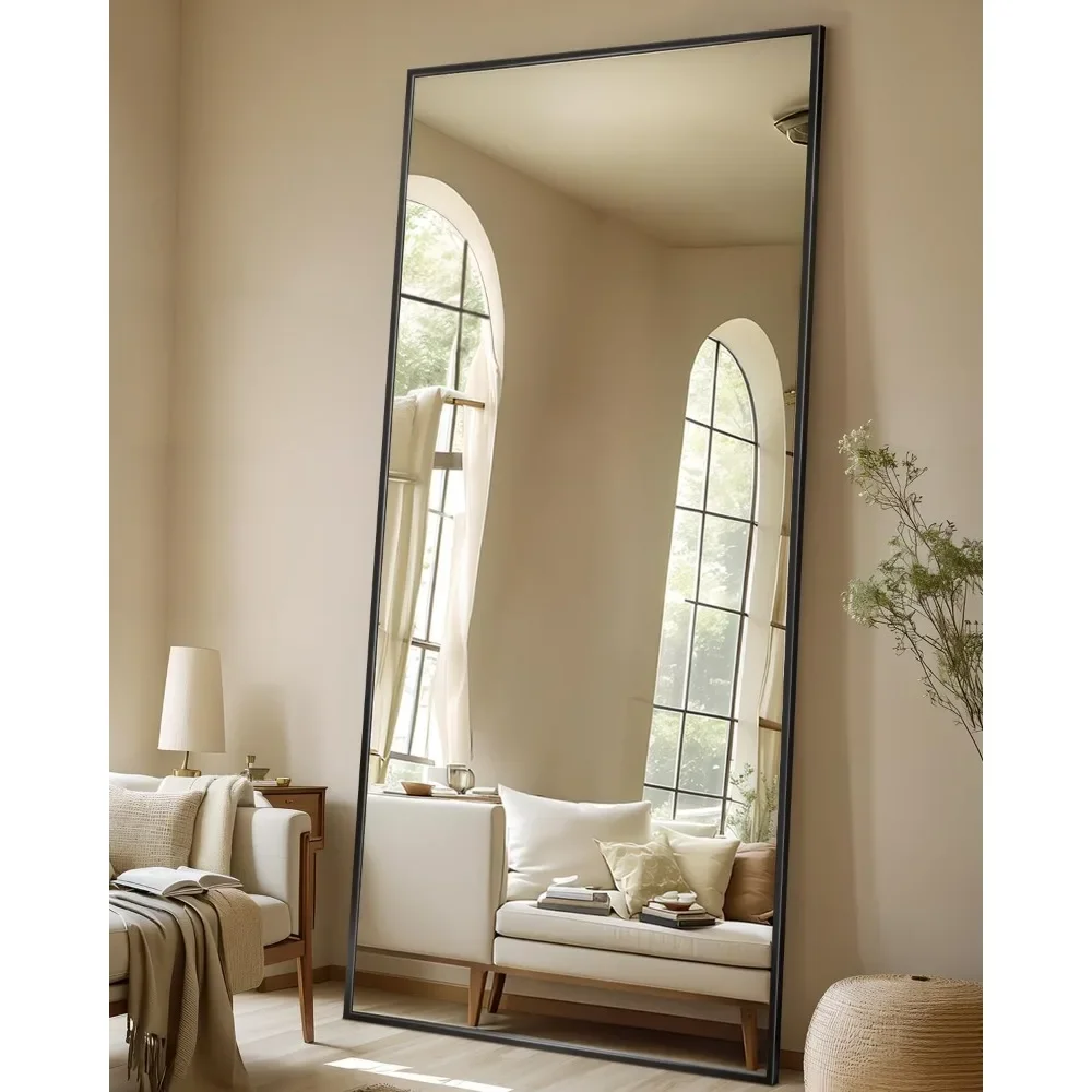 Miroir de sol pleine longueur avec support, grand miroir mural arqué noir, 71 po × 28 po